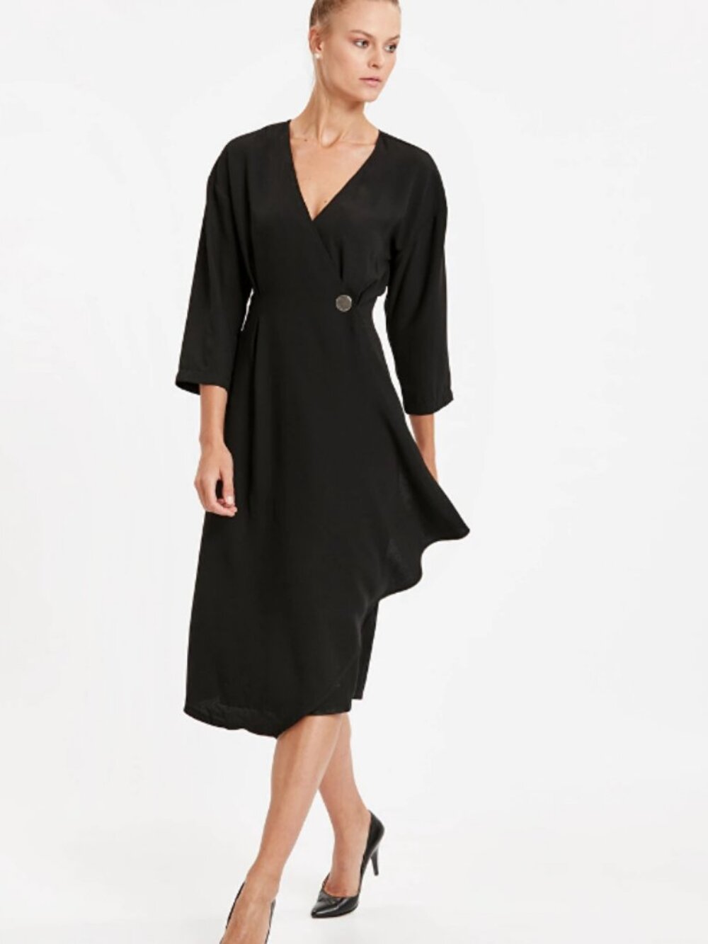 NEW Mango MNG Size 6 Solid Black Wrap Midi Dress 3/4 Long Sleeve Career Office